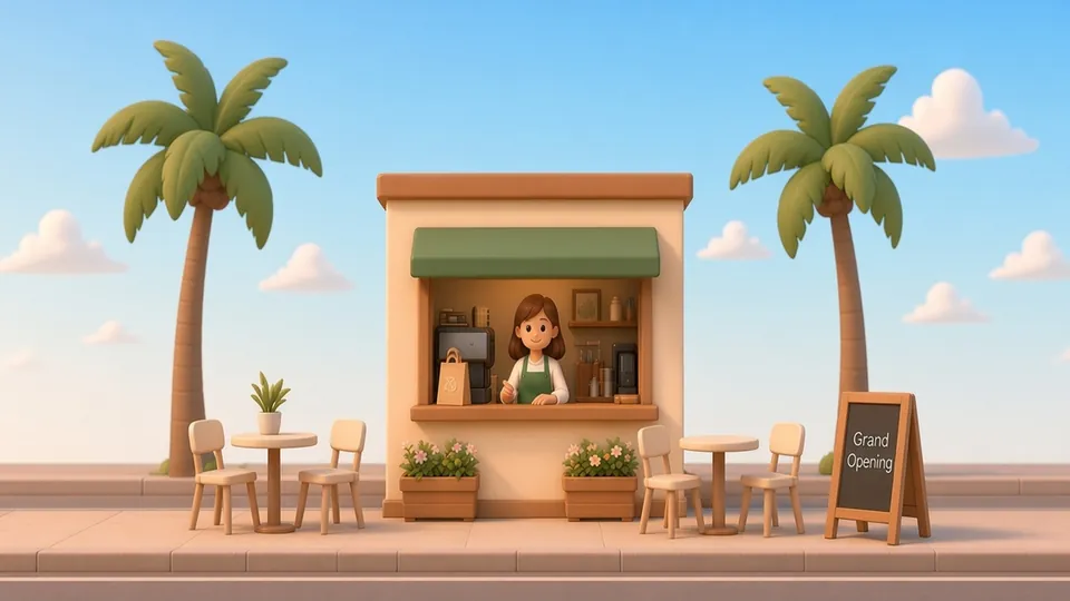 Ilustración de un kiosco de café en estilo juguete pastel