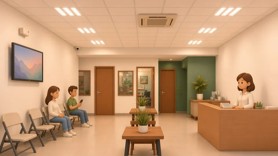 Ilustración de una sala de espera de gestoría en estilo juguete pastel
